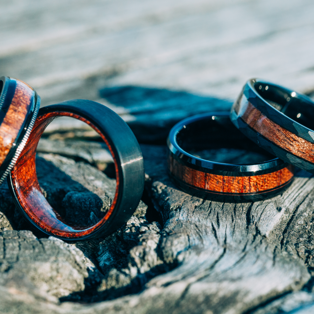 Men's Black Ceramic Wood Wedding Band Ring, Blue Turquoise & Hawaiian Koa Wood, Comfort Fit Custom Two Tone Rings - offers 6MM - 8MM