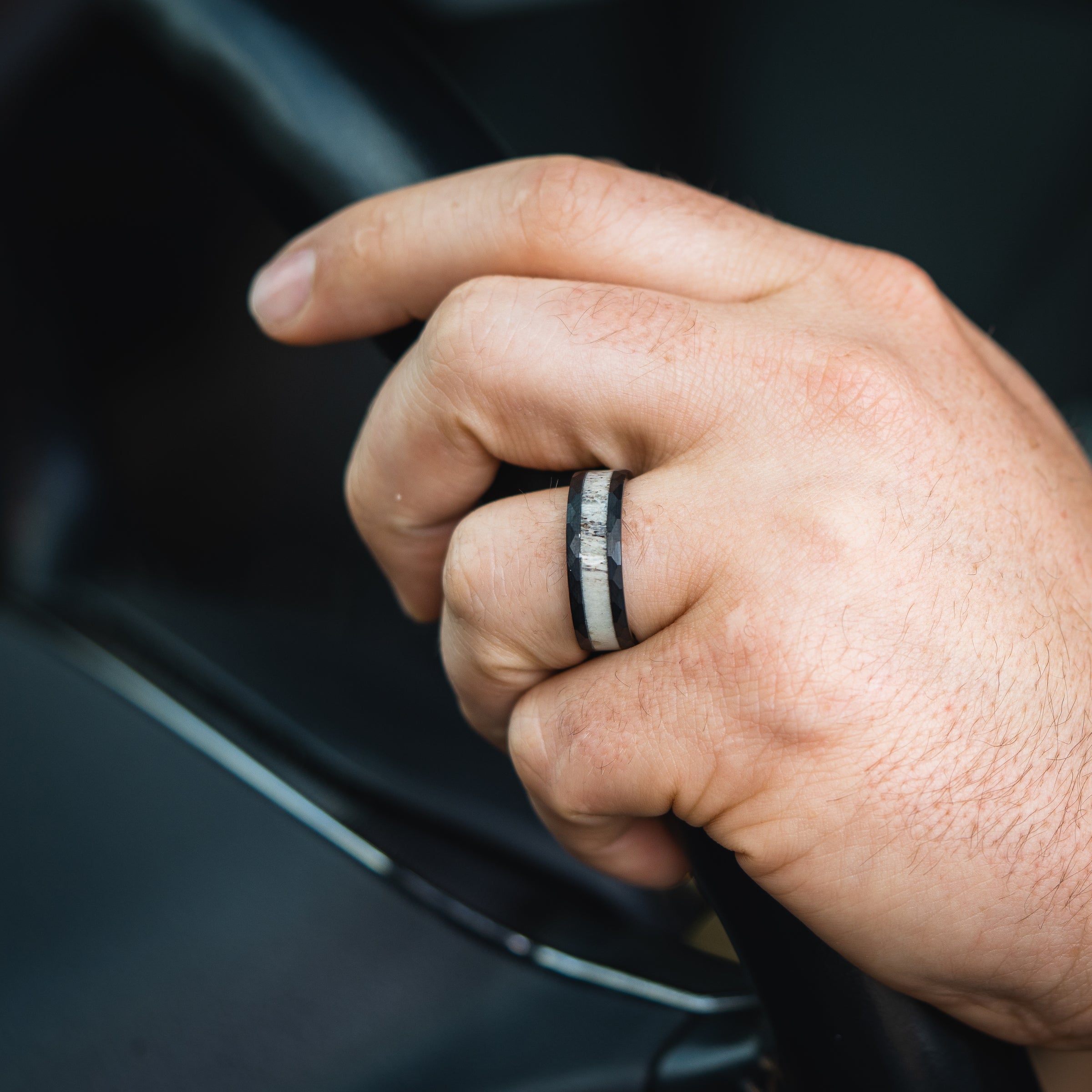 Black Tungsten Hammered Wedding Band With Deer Antler 8MM