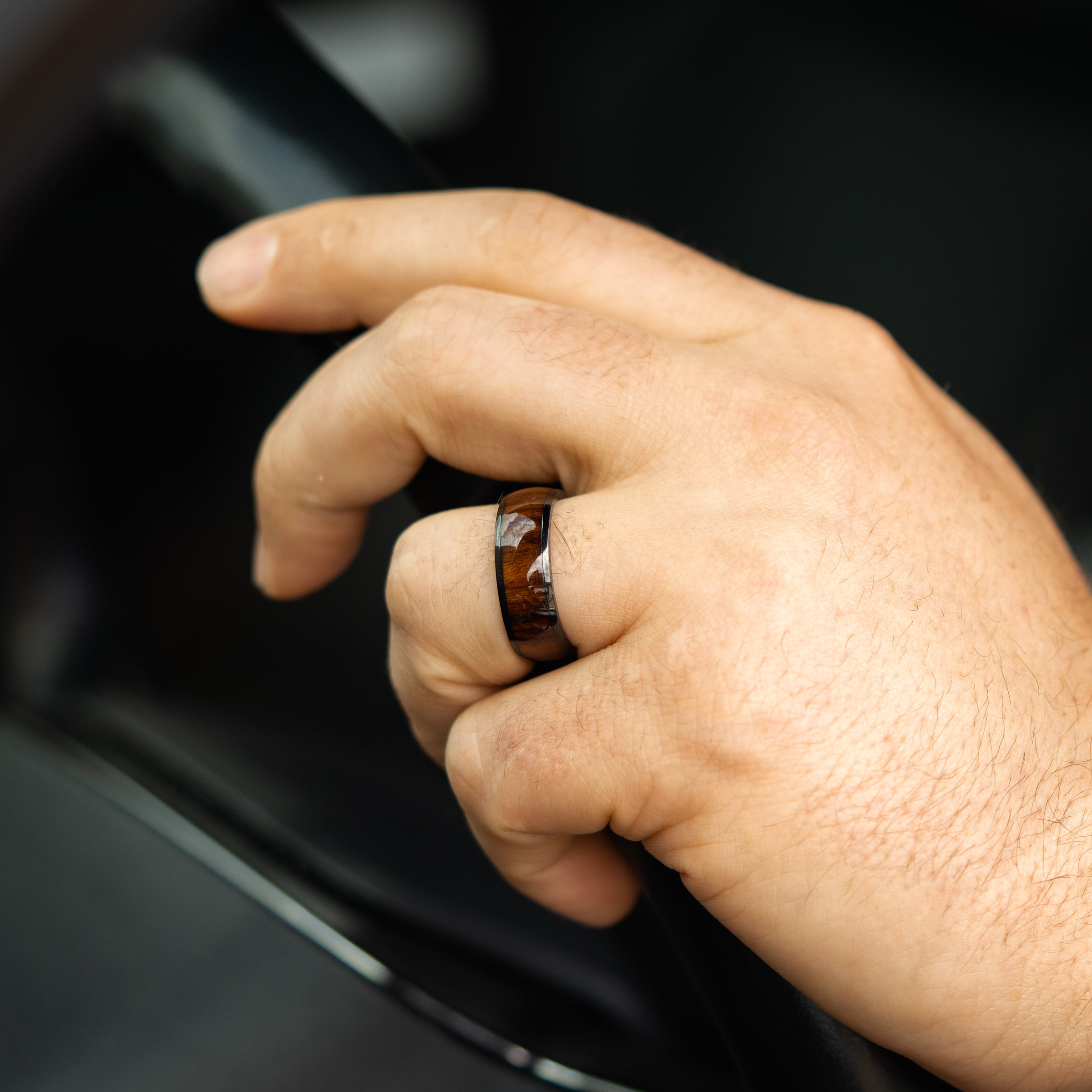 Black Titanium Wedding Band With Chestnut Wood 8MM