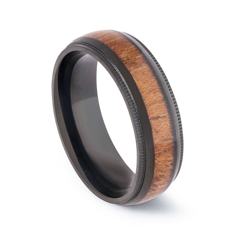 Black Titanium Wedding Band With Punched Design And Koa Wood
