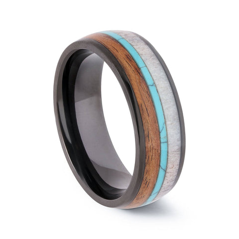 Black Titanium Wedding Band With Turquoise Antler And Chestnut