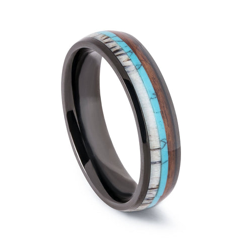 Black Titanium Wedding Band With Turquoise Antler And Chestnut 6MM