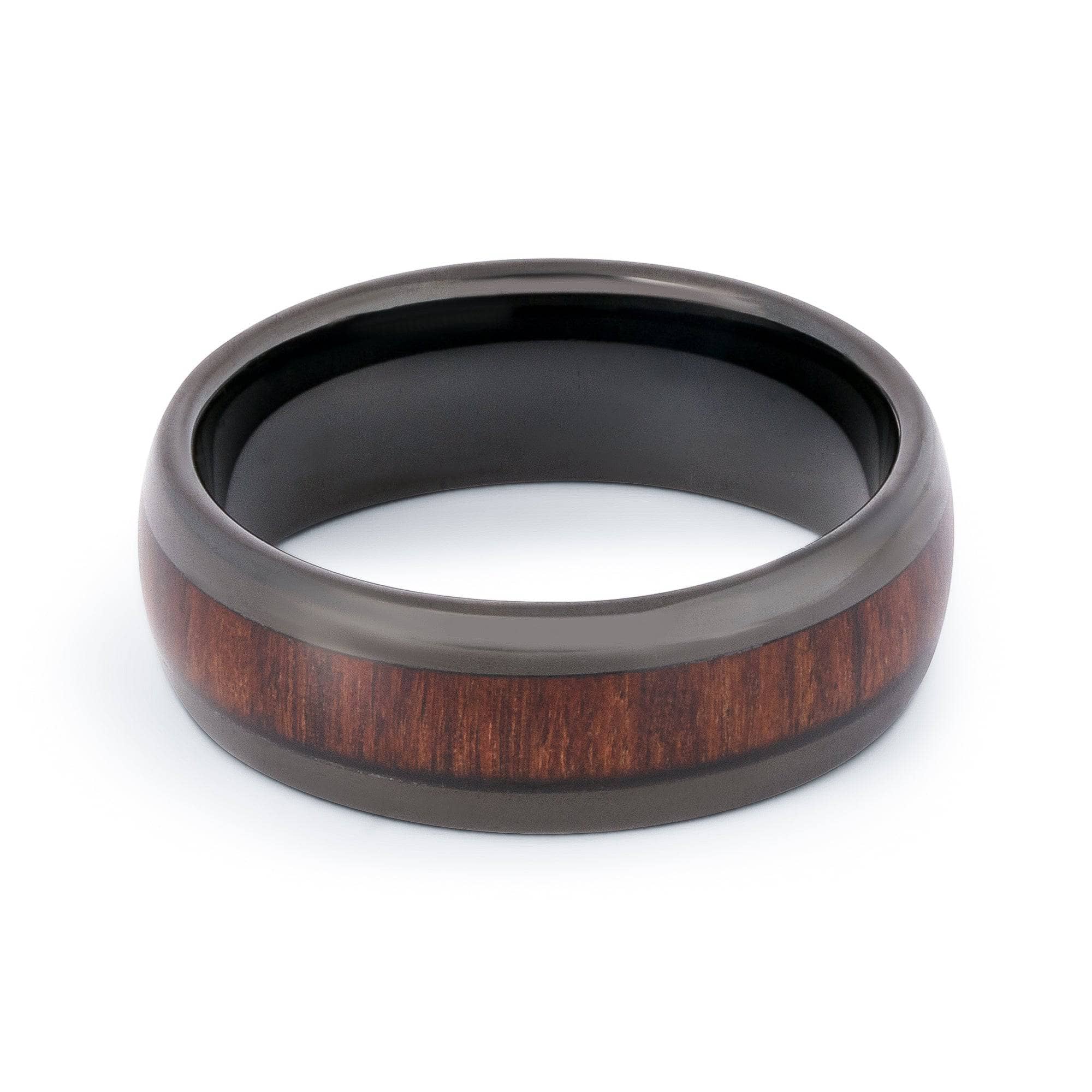 Black Tungsten Domed Wedding Band With Koa Wood 8MM