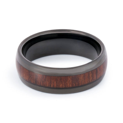Black Tungsten Domed Wedding Band With Koa Wood 8MM