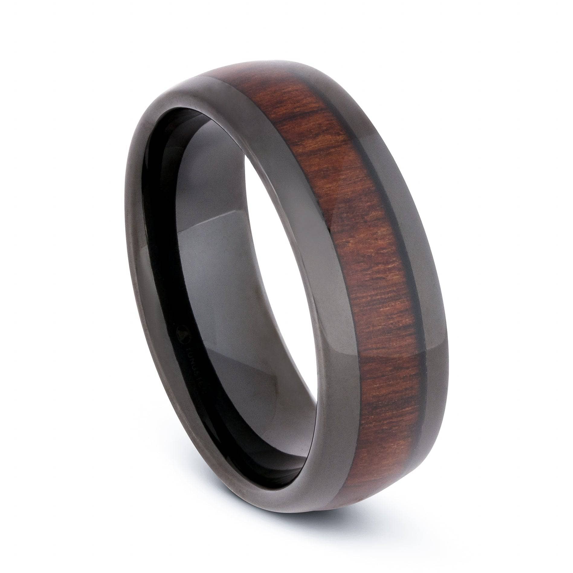 Black Tungsten Domed Wedding Band With Koa Wood 8MM