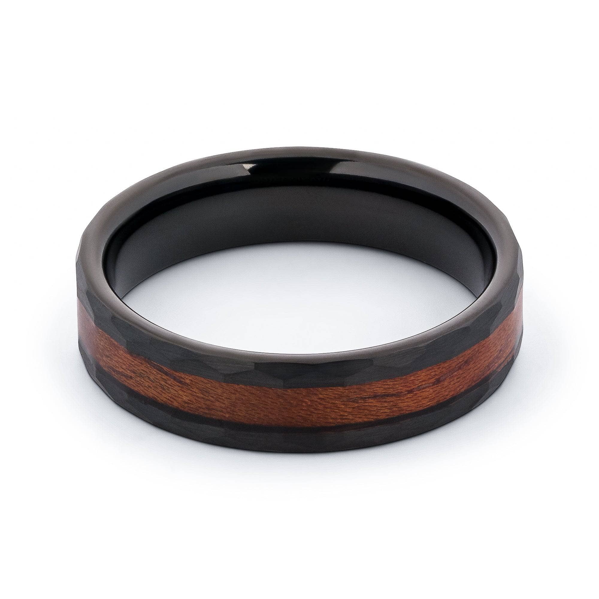 Black Tungsten Hammered Wedding Band With Koa Wood 6MM
