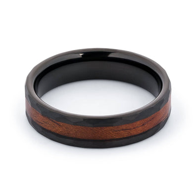 Black Tungsten Hammered Wedding Band With Koa Wood 6MM