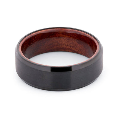 Black Tungsten Wedding Band With African Padauk Wood Interior