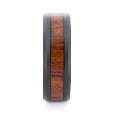 Black Tungsten Wedding Band With Beveled Edges And Pear Wood