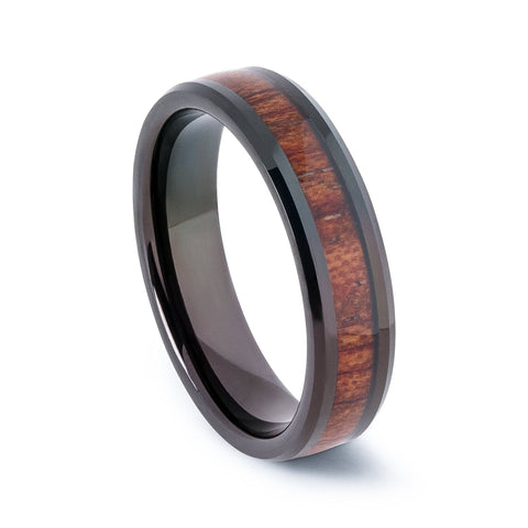 Black Tungsten Wedding Band With Beveled Edges And Pear Wood 6MM