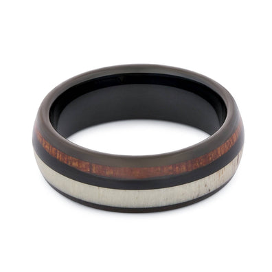 Black Tungsten Wedding Band With Deer Antler And Pear Wood
