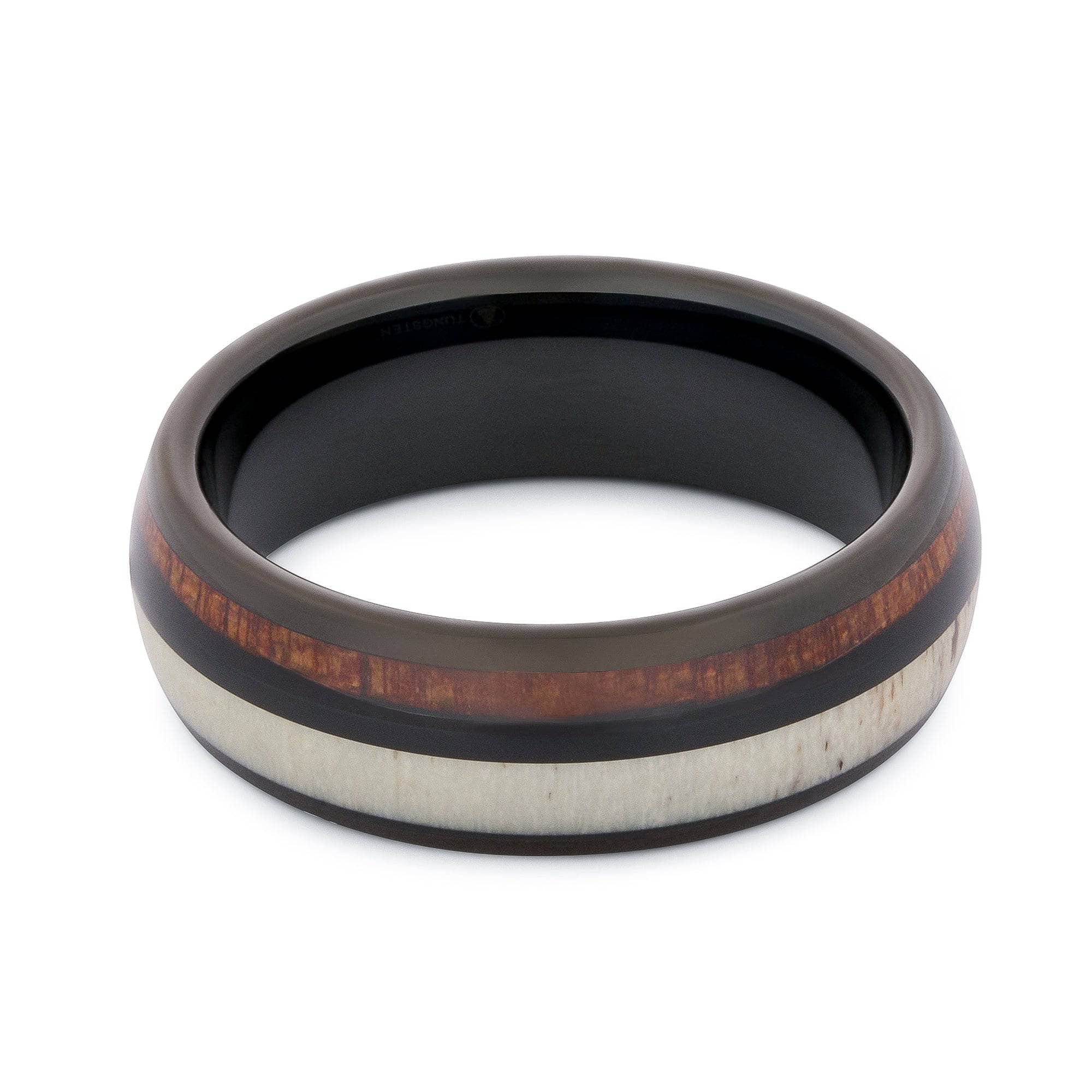 Black Tungsten Wedding Band With Deer Antler And Pear Wood