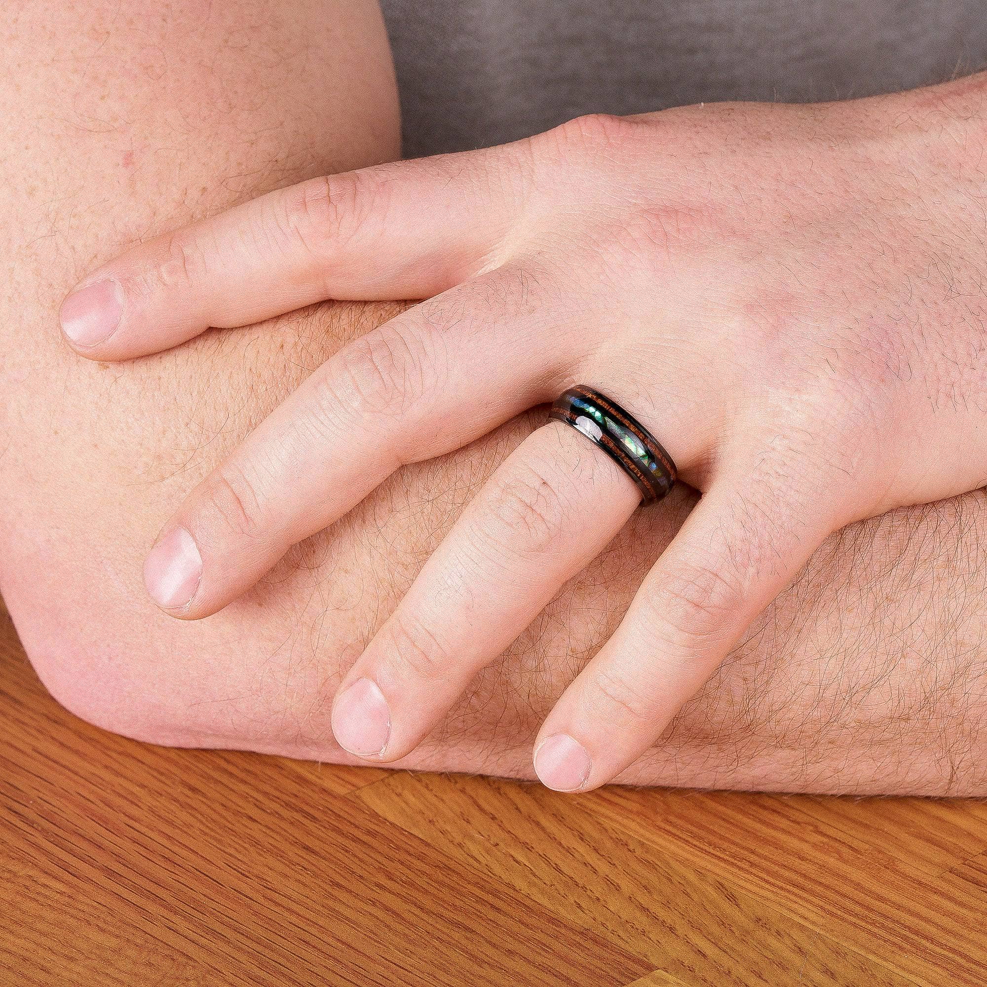 Black Tungsten Wedding Band With Double Pear Wood And Shell