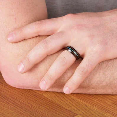 Black Tungsten Wedding Band With Double Pear Wood And Shell