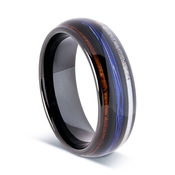 Black Tungsten Wedding Band with Fishing Line and Koa Wood and Deer Antler 8MM