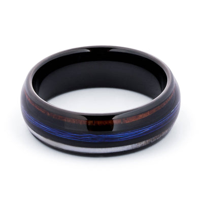 Black Tungsten Wedding Band with Fishing Line and Koa Wood and Deer Antler 8MM