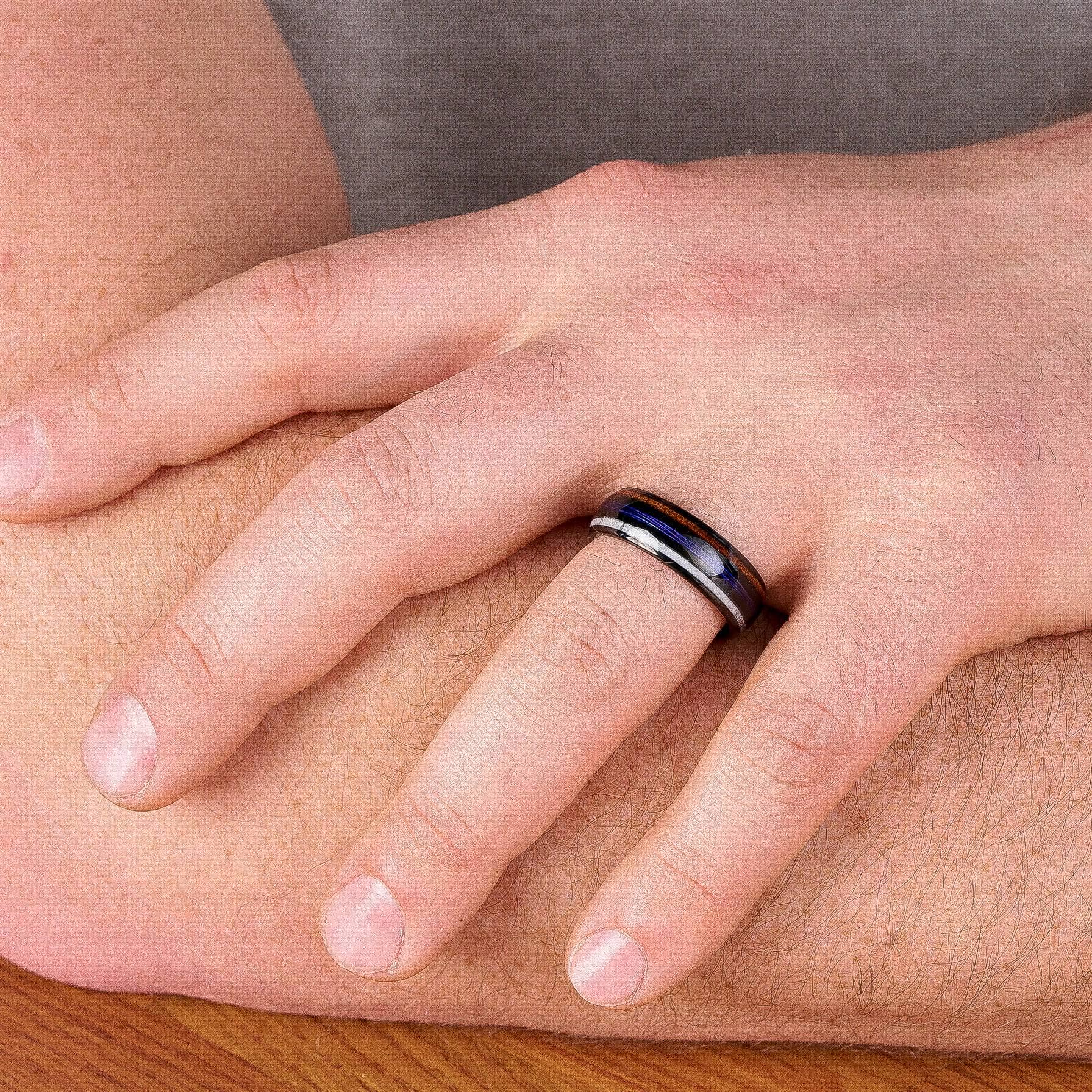 Black Tungsten Wedding Band with Fishing Line and Koa Wood and Deer Antler 8MM