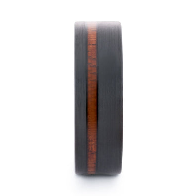 Black Tungsten Wedding Band With Flat Surface And Pear Wood