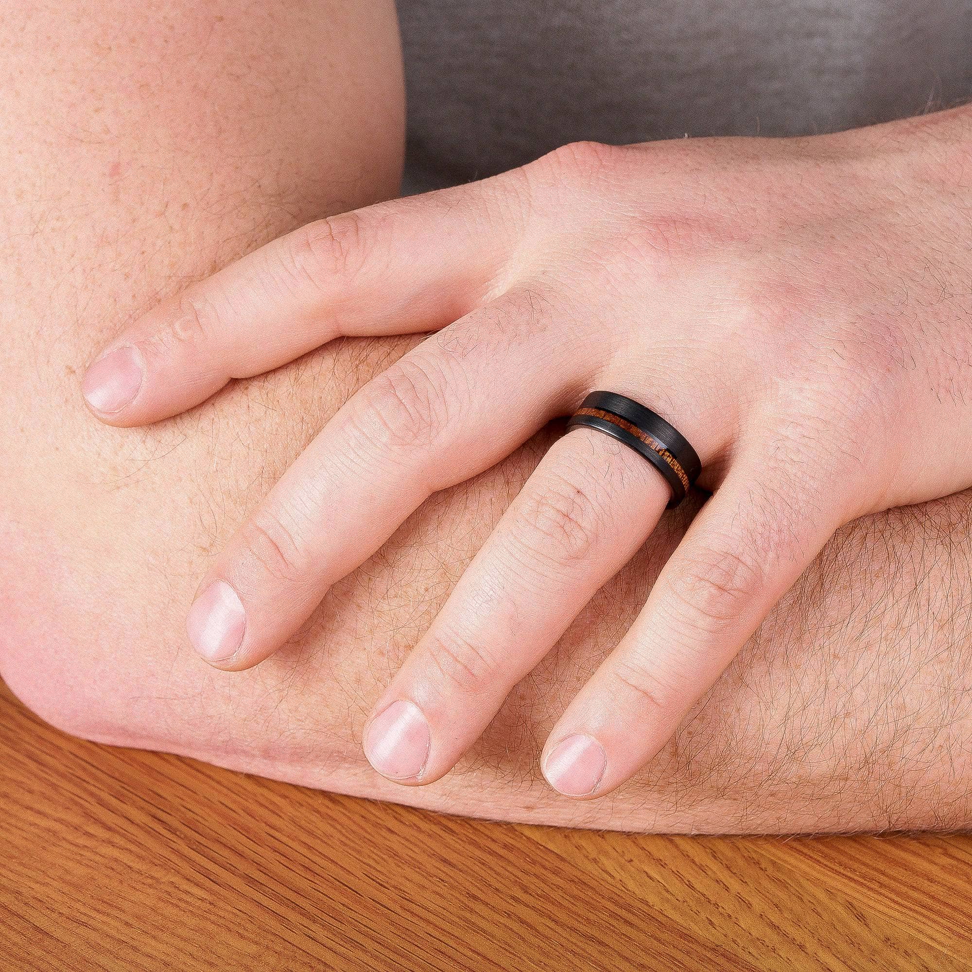 Black Tungsten Wedding Band With Flat Surface And Pear Wood