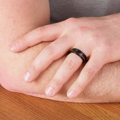 Black Tungsten Wedding Band With Flat Surface And Pear Wood