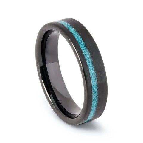 Black Tungsten Wedding Band With Flat Surface And Turquoise 6MM