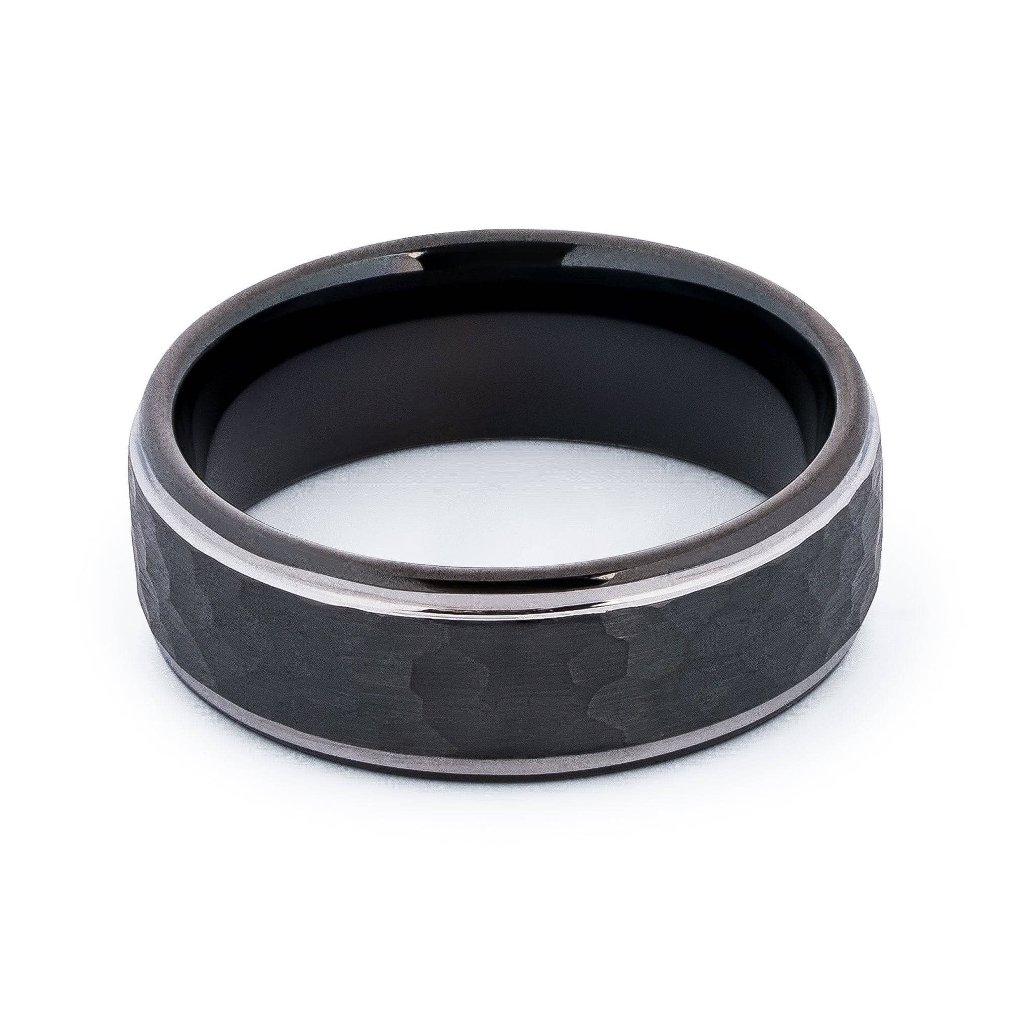 Black Tungsten Wedding Band With Raised Hammered Inlay