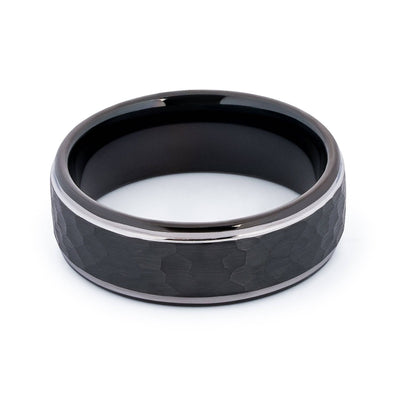 Black Tungsten Wedding Band With Raised Hammered Inlay