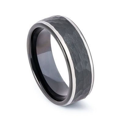 Black Tungsten Wedding Band With Raised Hammered Inlay