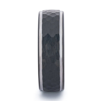 Black Tungsten Wedding Band With Raised Hammered Inlay
