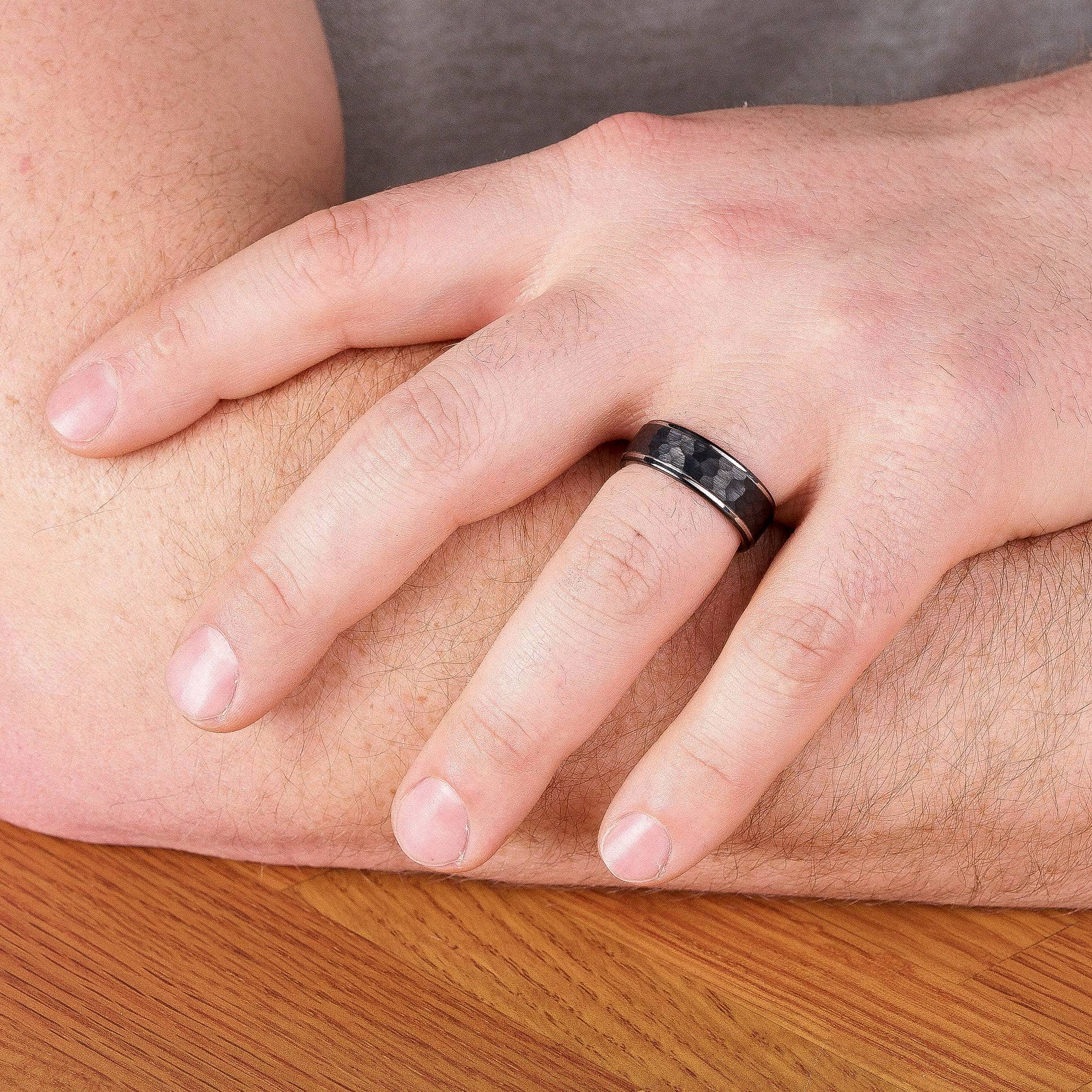 Black Tungsten Wedding Band With Raised Hammered Inlay