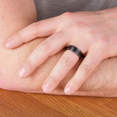 Black Tungsten Wedding Band With Raised Hammered Inlay