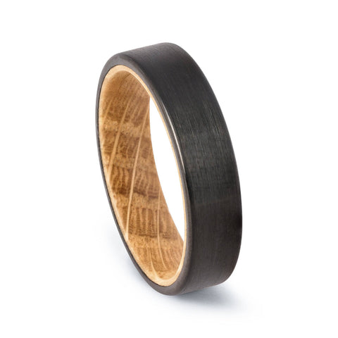 Black Tungsten Wedding Band With Whiskey Barrel Wood 6MM