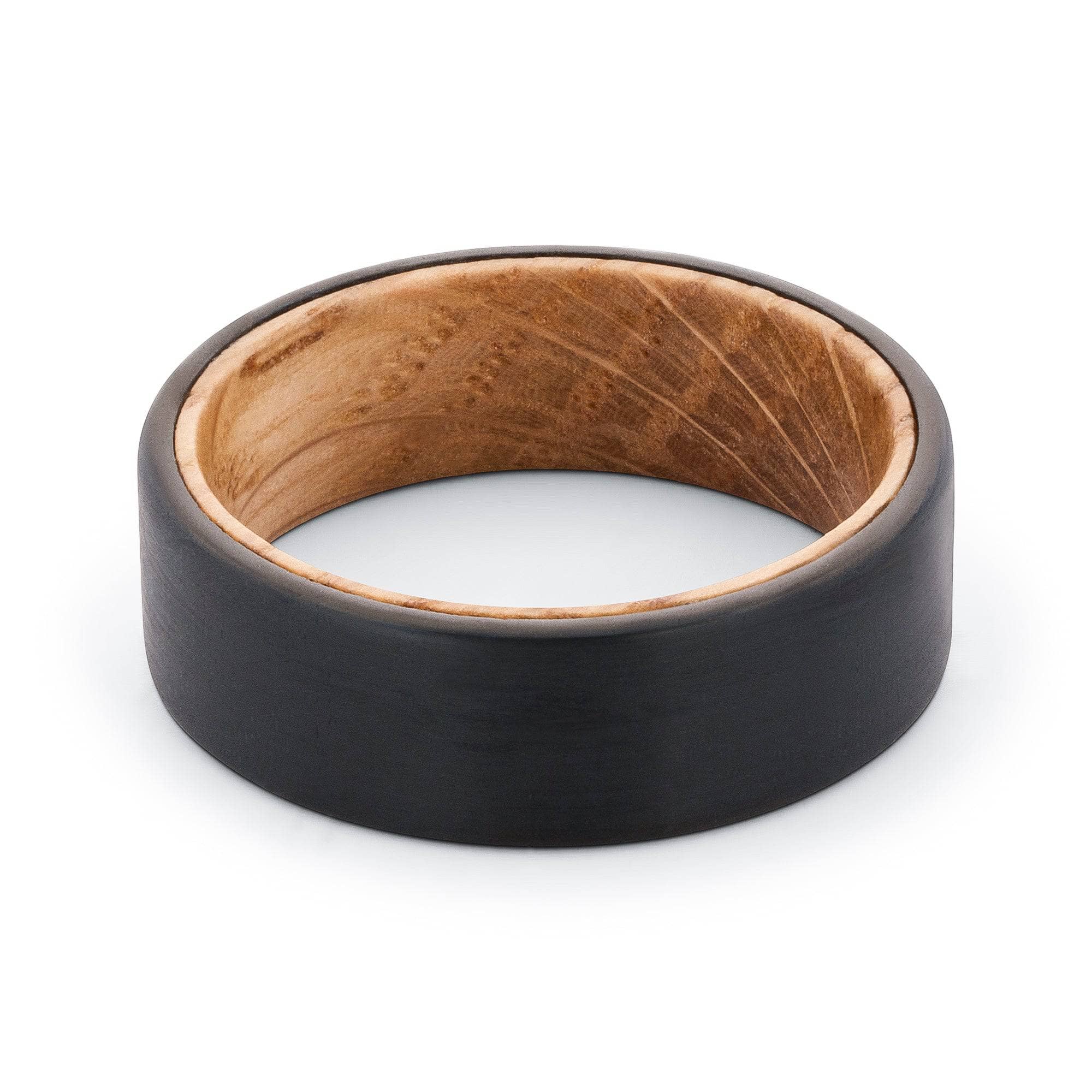Black Tungsten Wedding Band With Whiskey Barrel Wood Interior