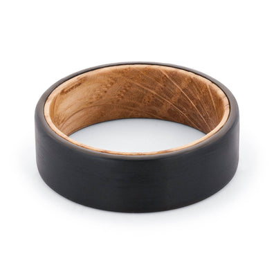 Black Tungsten Wedding Band With Whiskey Barrel Wood Interior