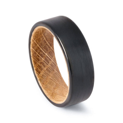 Black Tungsten Wedding Band With Whiskey Barrel Wood Interior