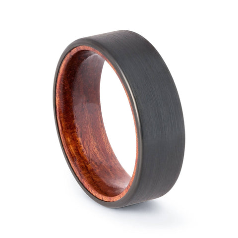 Brushed Black Tungsten Wedding Band With African Padauk Wood