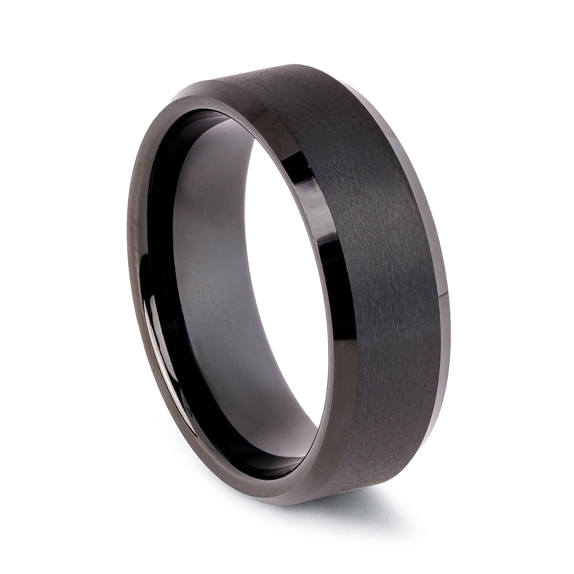 Brushed Black Tungsten Wedding Band With Beveled Edges