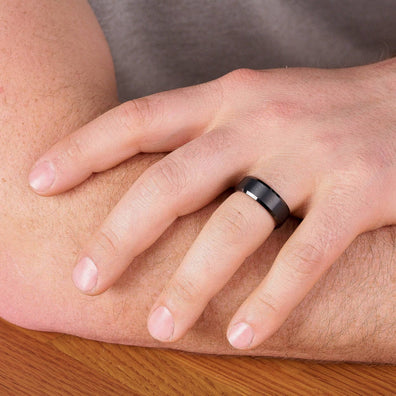 Brushed Black Tungsten Wedding Band With Beveled Edges