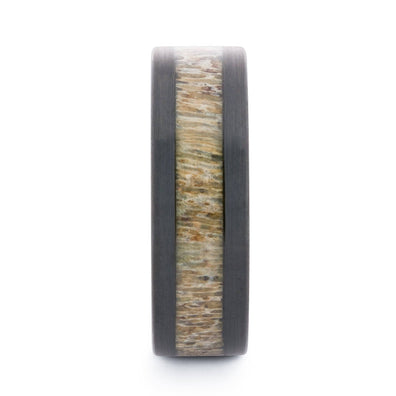 Brushed Black Tungsten Wedding Band With Deer Antler