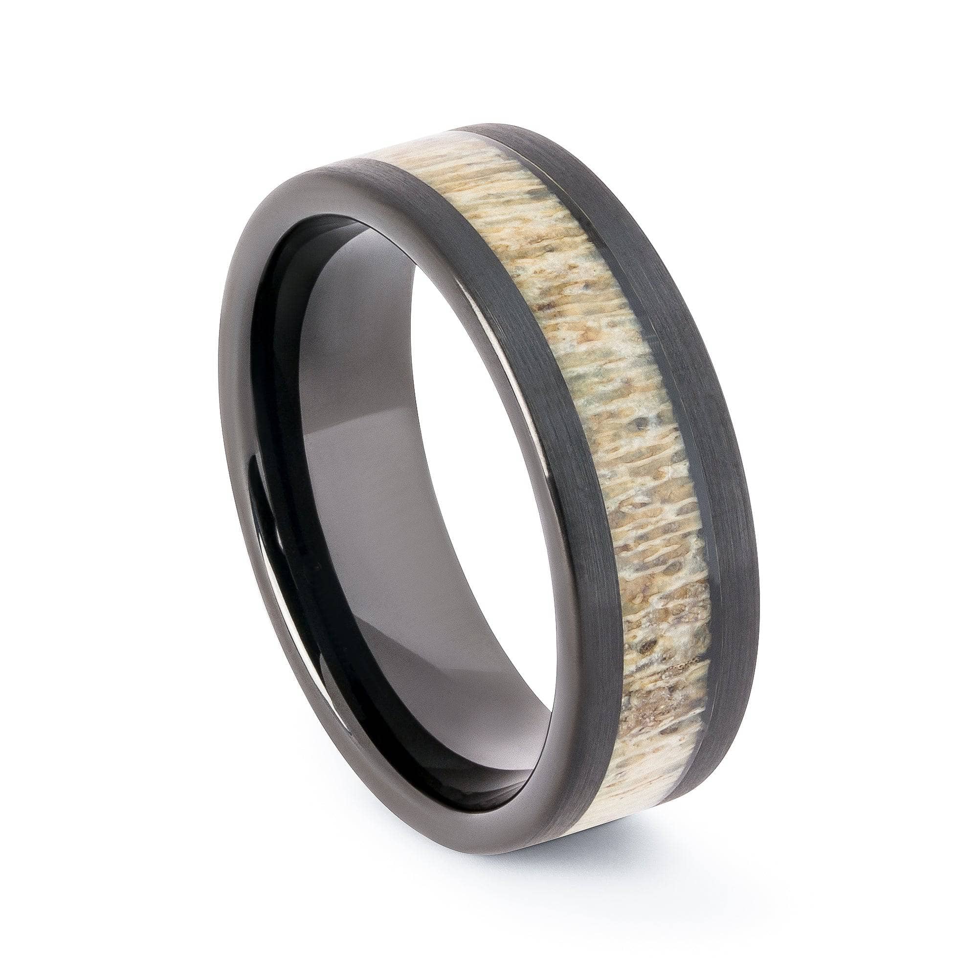 Brushed Black Tungsten Wedding Band With Deer Antler