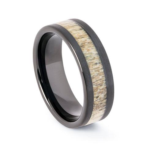 Brushed Black Tungsten Wedding Band With Deer Antler