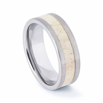 Brushed Tungsten Wedding Band With Deer Antler