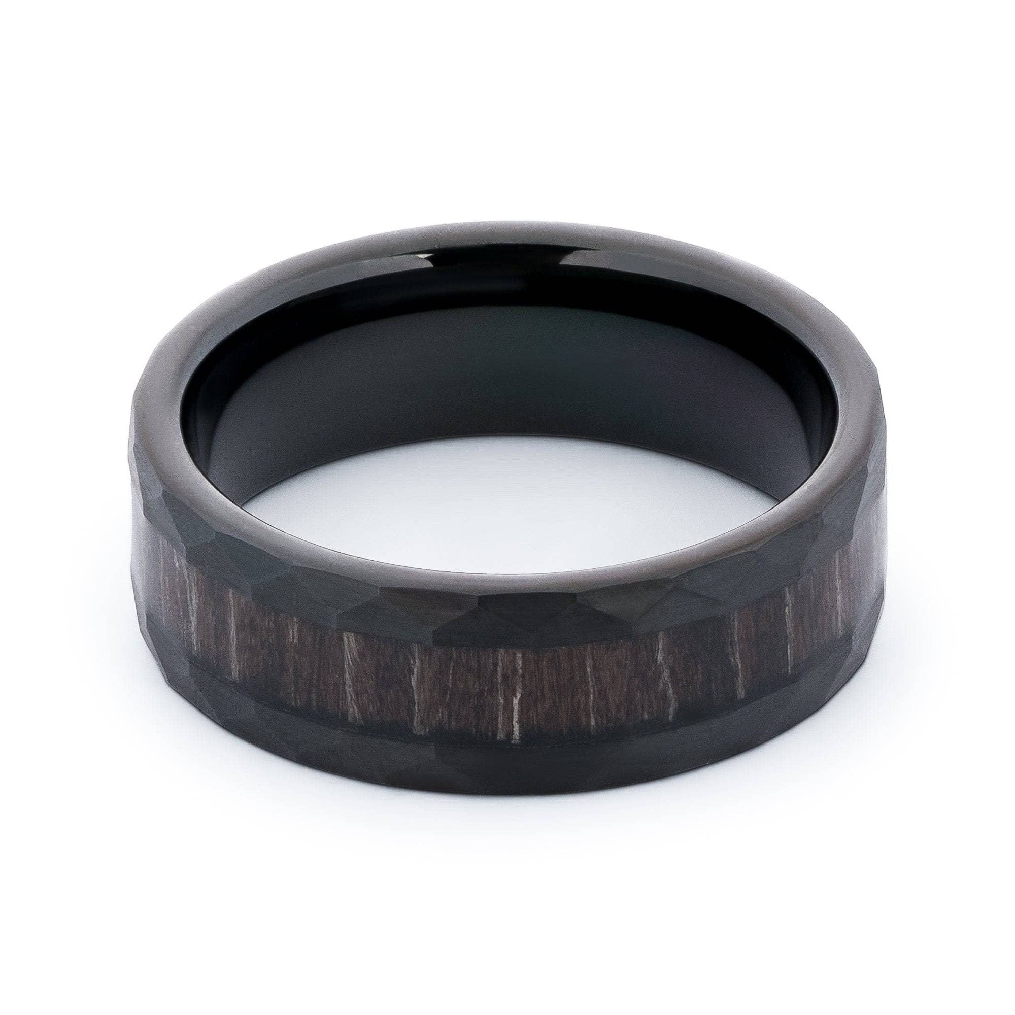 Hammered Black Tungsten Wedding Band With Black Apricot Wood