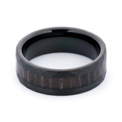 Hammered Black Tungsten Wedding Band With Black Apricot Wood