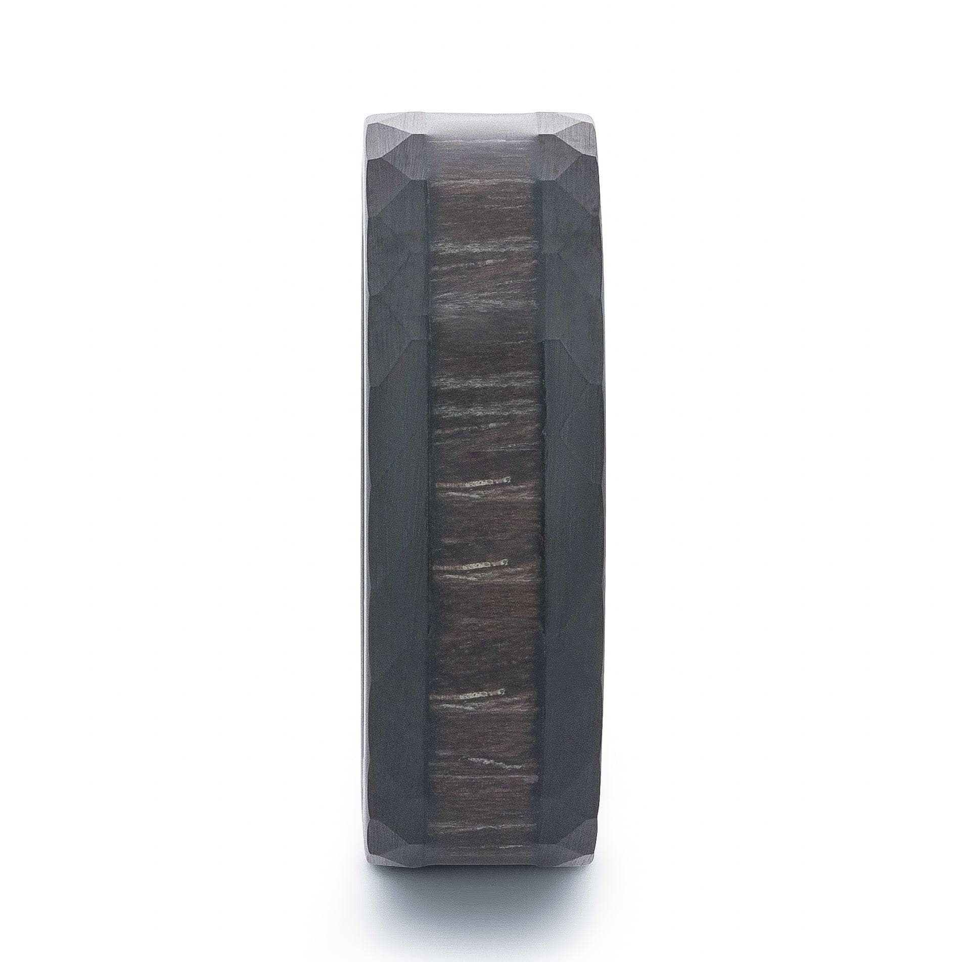 Hammered Black Tungsten Wedding Band With Black Apricot Wood