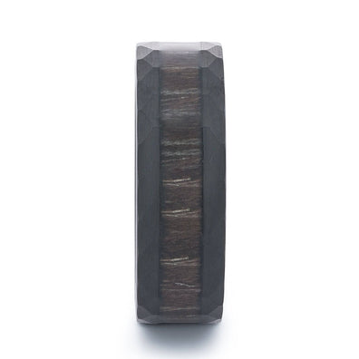 Hammered Black Tungsten Wedding Band With Black Apricot Wood