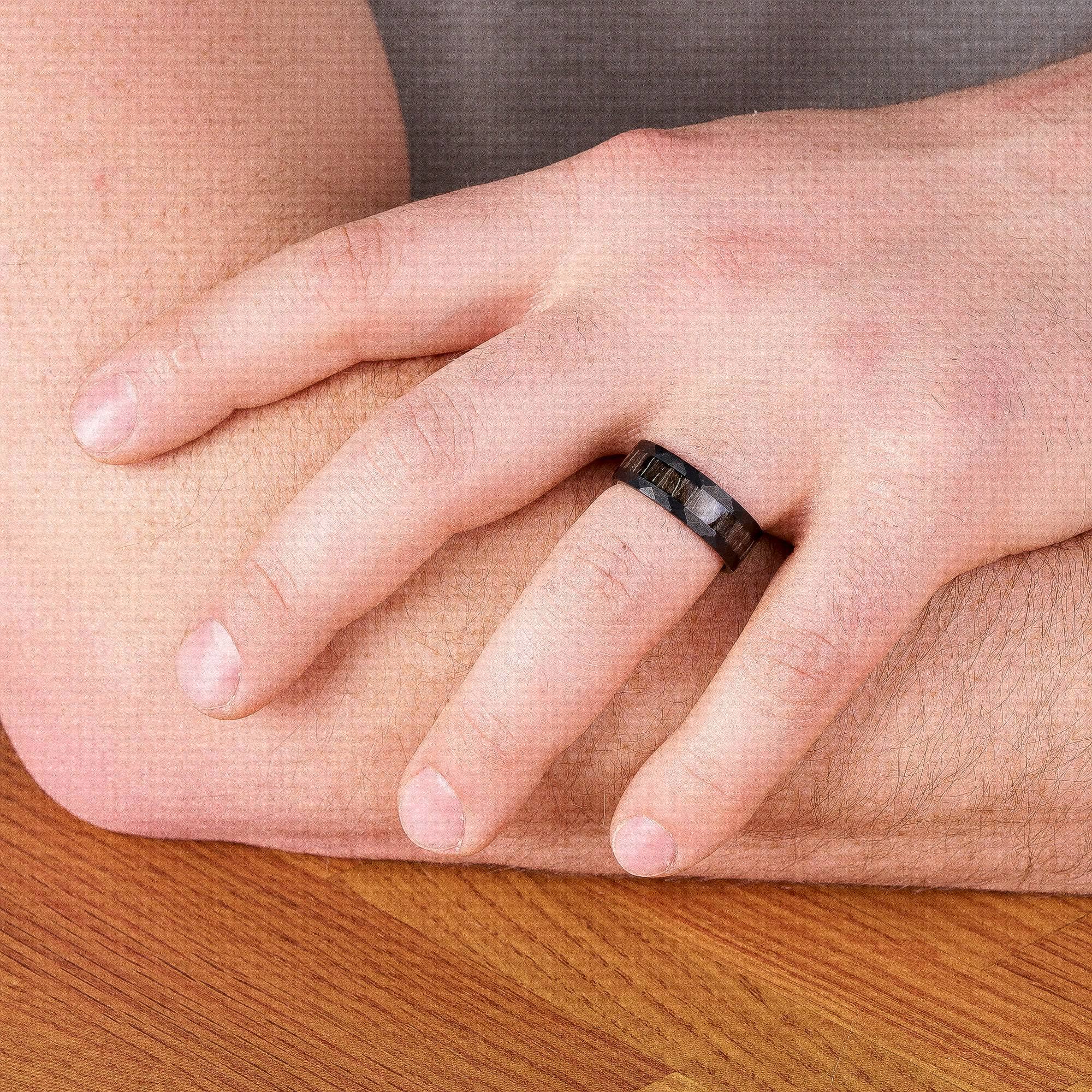 Hammered Black Tungsten Wedding Band With Black Apricot Wood