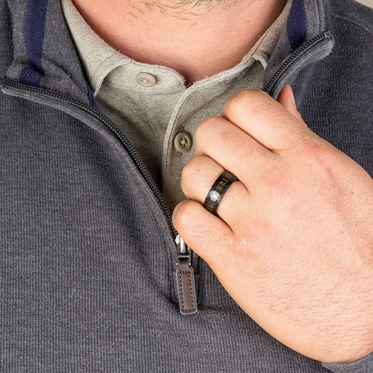 Hammered Black Tungsten Wedding Band With Black Apricot Wood