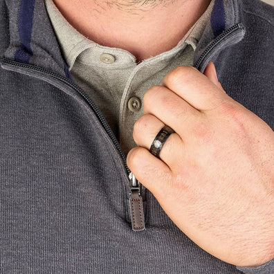 Hammered Black Tungsten Wedding Band With Black Apricot Wood