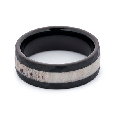 Hammered Black Tungsten Wedding Band With Deer Antler